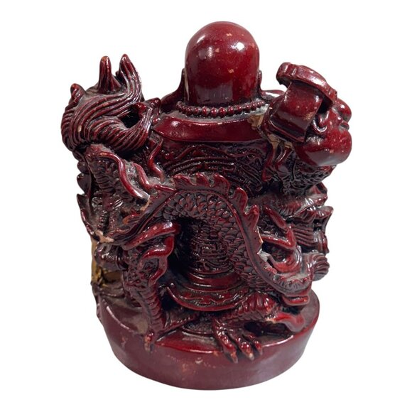 Laughing Buddha Figurine Dragon Gold Coin Red Glaze Resin Feng Shui Wealth READ - Picture 10 of 11